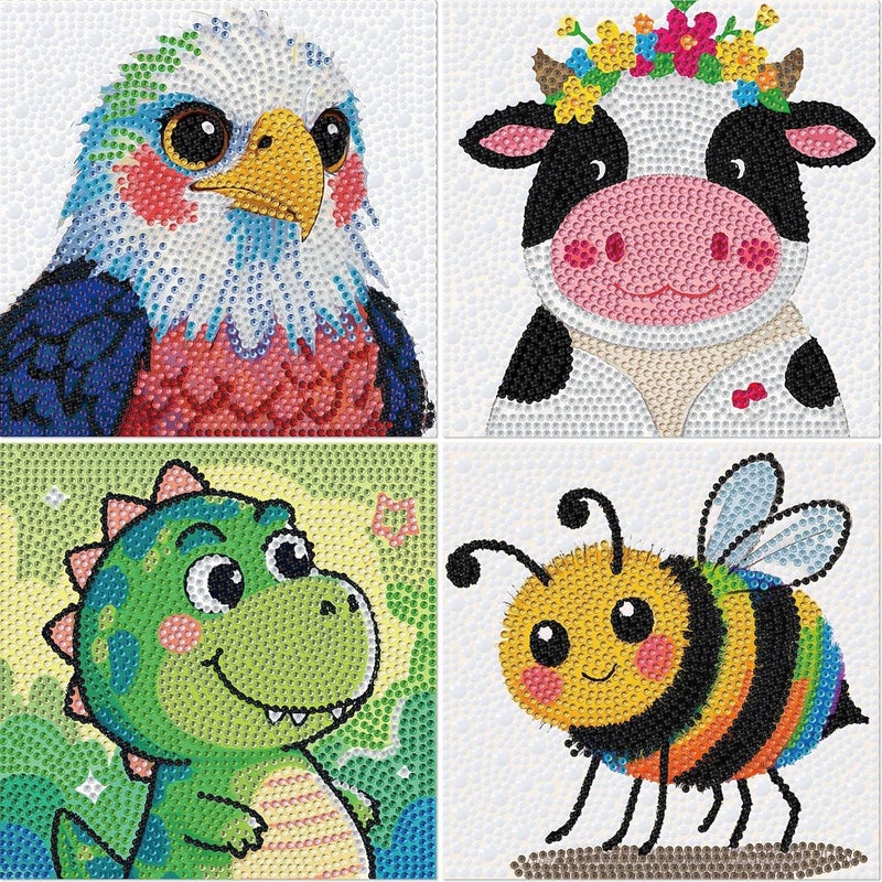 geesfayan 4 Pack Diamond Art Kit for Kids 6 Inch DIY Animal Gem Art with 4 Tools Sets, Gem Painting for Beginners, Creative Craft Gift for Teens & Kids(Eagle Cow Dinosaur Bee) - Image 1